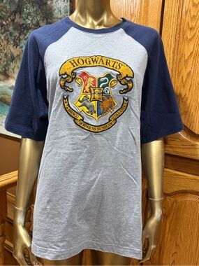 Vintage 2001, Warner Bros. Hogwarts Crest Raglan Tee in Heather Gray and Navy
